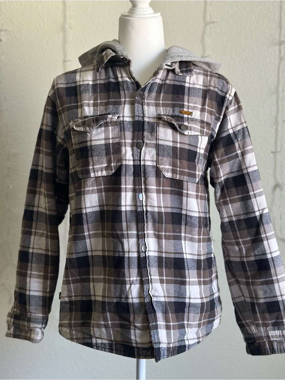 Matix Brown and Gray Plaid Hooded Shirt Jacket